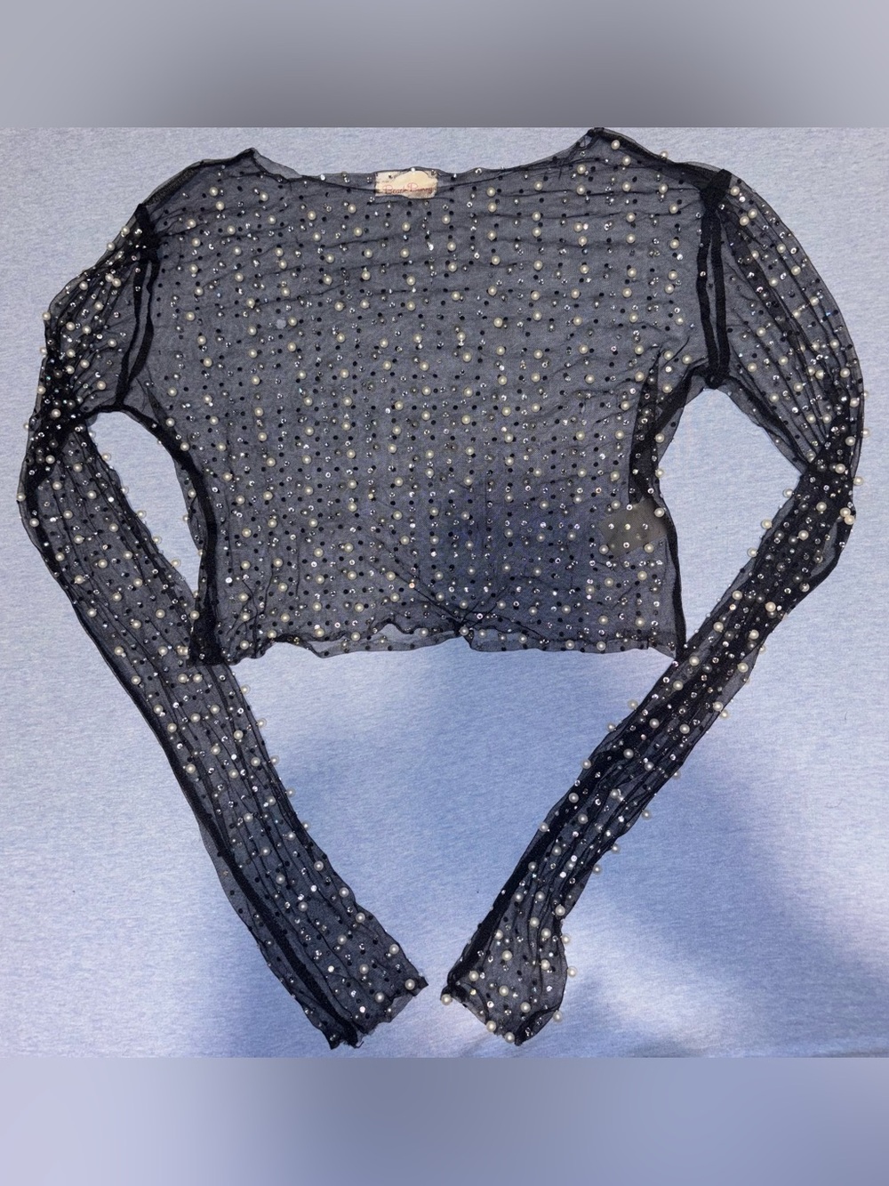 Beach Bunn ySheer Black Pearl-Embellished Long Sleeve Crop Top